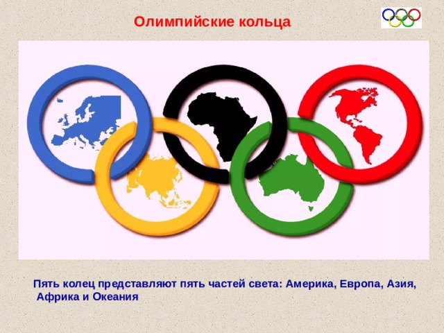 Олимпийские кольца Пять колец представляют пять частей света: Америка, Европа, Азия,  Африка и Океания  