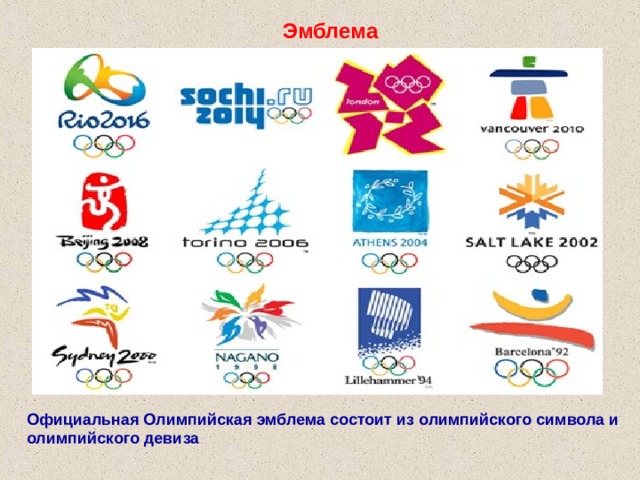 Эмблема Официальная Олимпийская эмблема состоит из олимпийского символа и олимпийского девиза 