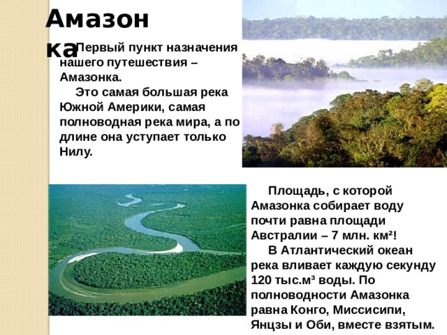 Амазонка Первый пункт назначения нашего путешествия – Амазонка. Это самая большая река Южной Америки, самая полноводная река мира, а по длине она уступает только Нилу. Площадь, с которой Амазонка собирает воду почти равна площади Австралии – 7 млн. км ²! В Атлантический океан река вливает каждую секунду 120 тыс.м³ воды. По полноводности Амазонка равна Конго, Миссисипи, Янцзы и Оби, вместе взятым. Амазонка  Амазонка 