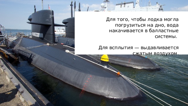Для того, чтобы лодка могла погрузиться на дно, вода накачивается в балластные системы. Для всплытия — выдавливается сжатым воздухом. 