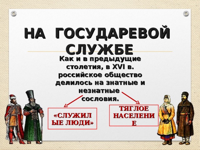    НА ГОСУДАРЕВОЙ СЛУЖБЕ   Как и в предыдущие столетия, в XVI в. российское общество делилось на знатные и незнатные сословия. ТЯГЛОЕ НАСЕЛЕНИЕ «СЛУЖИЛЫЕ ЛЮДИ» 