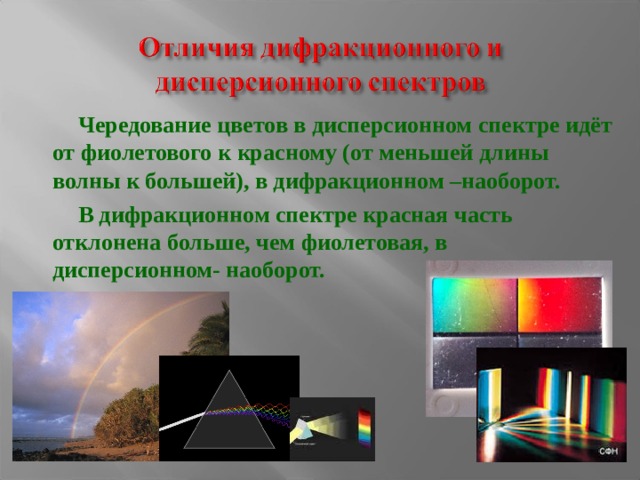   Чередование цветов в дисперсионном спектре идёт от фиолетового к красному (от меньшей длины волны к большей), в дифракционном –наоборот.   В дифракционном спектре красная часть отклонена больше, чем фиолетовая, в дисперсионном- наоборот.  