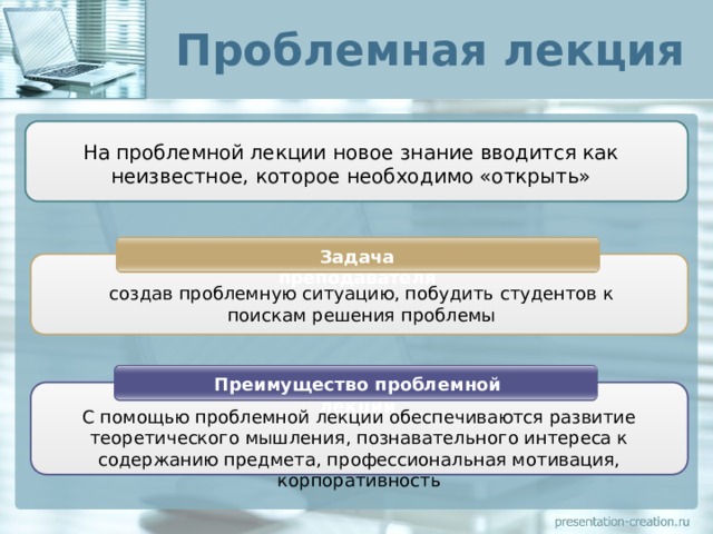 Проблемная лекция На проблемной лекции новое знание вводится как неизвестное, которое необходимо «открыть» Задача преподавателя создав проблемную ситуацию, побудить студентов к поискам решения проблемы Преимущество проблемной лекции С помощью проблемной лекции обеспечиваются развитие теоретического мышления, познавательного интереса к содержанию предмета, профессиональная мотивация, корпоративность 