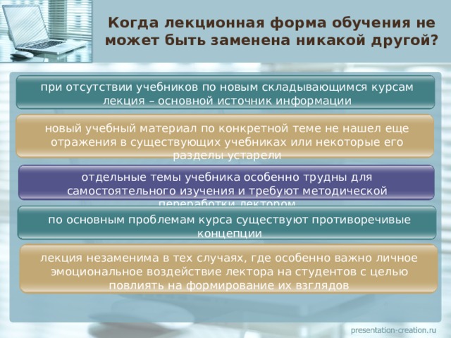 Когда лекционная форма обучения не может быть заменена никакой другой? при отсутствии учебников по новым складывающимся курсам лекция – основной источник информации новый учебный материал по конкретной теме не нашел еще отражения в существующих учебниках или некоторые его разделы устарели отдельные темы учебника особенно трудны для самостоятельного изучения и требуют методической переработки лектором по основным проблемам курса существуют противоречивые концепции лекция незаменима в тех случаях, где особенно важно личное эмоциональное воздействие лектора на студентов с целью повлиять на формирование их взглядов 