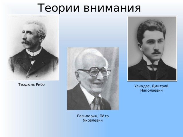 Теории внимания Теодюль Рибо Узнадзе, Дмитрий Николаевич Гальперин, Пётр Яковлевич 