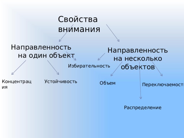 Свойства внимания Направленность на один объект Направленность на несколько объектов Избирательность Концентрация Устойчивость Объем Переключаемость Распределение 