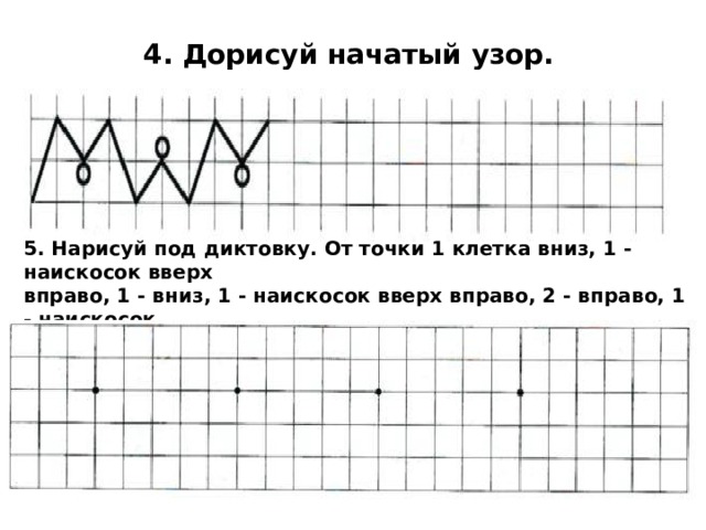 4. Дорисуй начатый узор. 5. Нарисуй под диктовку. От точки 1 клетка вниз, 1 - наискосок вверх вправо, 1 - вниз, 1 - наискосок вверх вправо, 2 - вправо, 1 - наискосок вниз влево, 1 - наискосок вниз вправо, 2 - влево, 1 - вверх. 