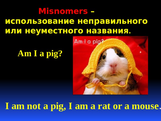  Misnomers – использование неправильного или неуместного названия . Am I a pig? I am not a pig, I am a rat or a mouse . 