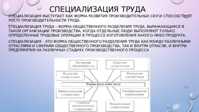 СПЕЦИАЛИЗАЦИЯ ТРУДА Специализация выступает как форма развития производительных сил и способствует росту производительности труда. Специализация труда – форма общественного разделения труда, выражающаяся в такой организации производства, когда отдельные люди выполняют только определенные трудовые операции в процессе изготовления какого-либо продукта. Специализация - это форма общественного разделения труда как между различными отраслями и сферами общественного производства, так и внутри отрасли, и внутри предприятия на различных стадиях производственного процесса  