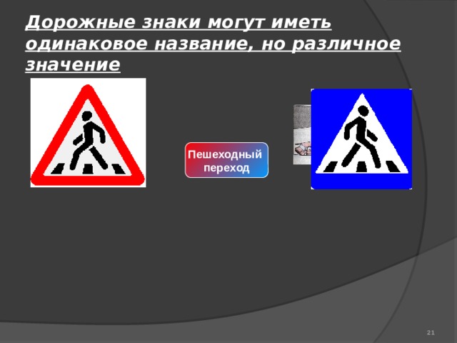 Дорожные знаки могут иметь одинаковое название, но различное значение Пешеходный переход  