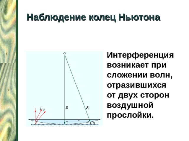 Наблюдение колец Ньютона Интерференция возникает при сложении волн, отразившихся от двух сторон воздушной прослойки. 