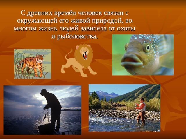 С древних времён человек связан с окружающей его живой природой, во многом жизнь людей зависела от охоты и рыболовства. 