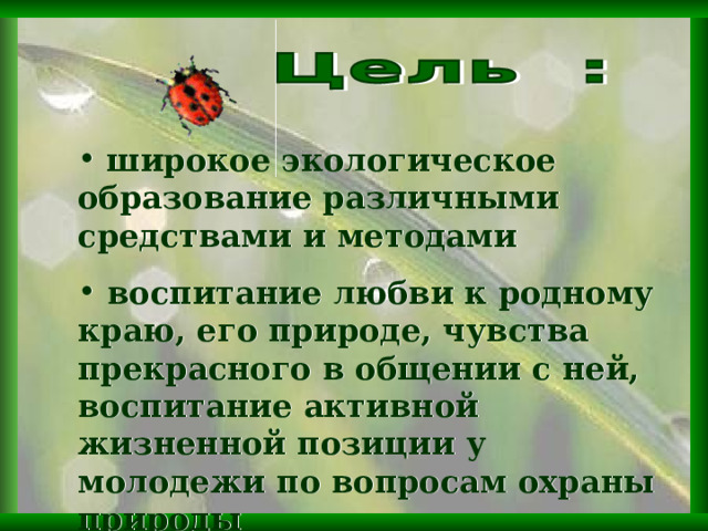  широкое экологическое образование различными средствами и методами  воспитание любви к родному краю, его природе, чувства прекрасного в общении с ней, воспитание активной жизненной позиции у молодежи по вопросам охраны природы  2 