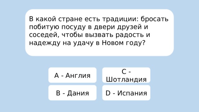 В какой стране есть традиции: бросать побитую посуду в двери друзей и соседей, чтобы вызвать радость и надежду на удачу в Новом году?  A - Англия C - Шотландия B - Дания D - Испания 