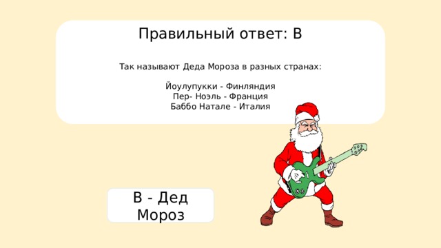 Правильный ответ: B Так называют Деда Мороза в разных странах: Йоулупукки - Финляндия Пер- Ноэль - Франция Баббо Натале - Италия B - Дед Мороз 