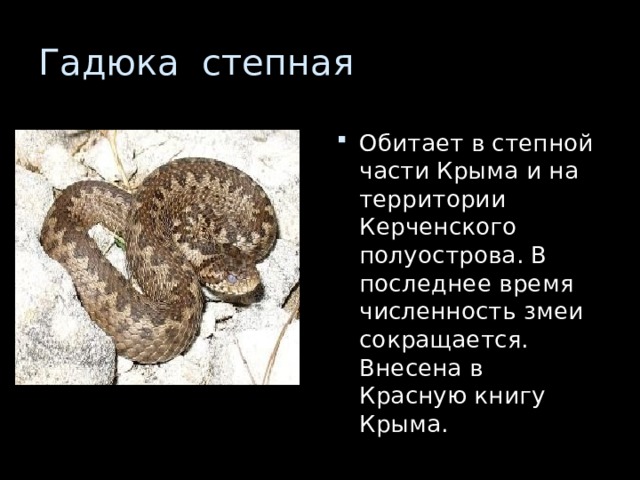 Обитает в степной части Крыма и на территории Керченского полуострова. В последнее время численность змеи сокращается. Внесена в Красную книгу Крыма. 