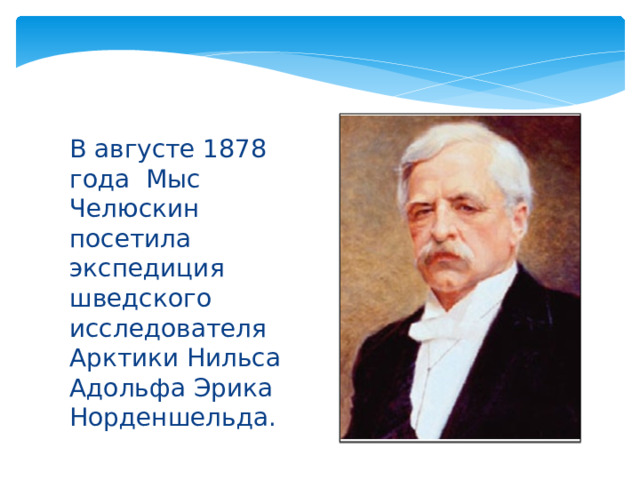 В августе 1878 года Мыс Челюскин посетила экспедиция шведского исследователя Арктики Нильса Адольфа Эрика Норденшельда. 