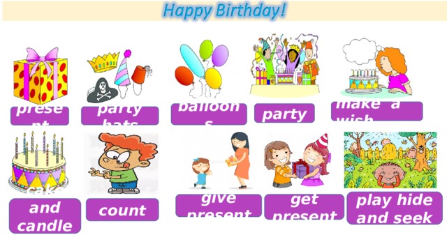 make a wish party balloons party hats present play hide and seek give present get present cake and candles count 