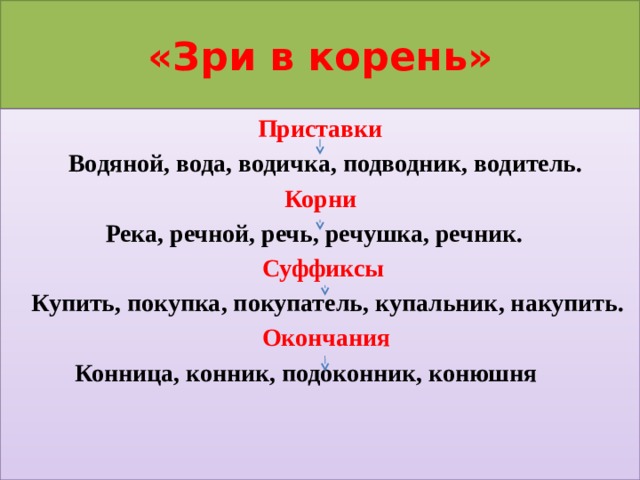 «Зри в корень» Приставки  Водяной, вода, водичка, подводник, водитель.  Корни  Река, речной, речь, речушка, речник.  Суффиксы  Купить, покупка, покупатель, купальник, накупить.  Окончания  Конница, конник, подоконник, конюшня 