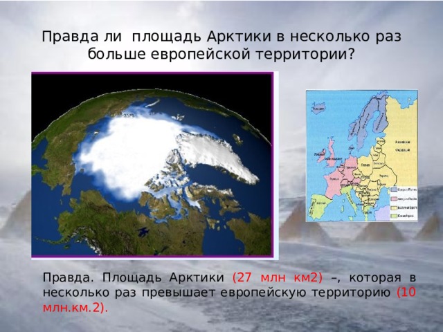 Правда ли площадь Арктики в несколько раз больше европейской территории? Правда. Площадь Арктики (27 млн км2) –, которая в несколько раз превышает европейскую территорию (10 млн.км.2). 