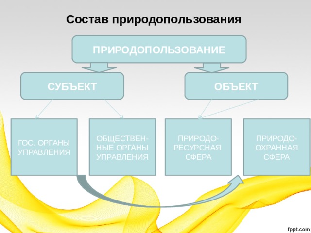 Состав природопользования ПРИРОДОПОЛЬЗОВАНИЕ СУБЪЕКТ ОБЪЕКТ ПРИРОДО-РЕСУРСНАЯ СФЕРА ПРИРОДО- ОХРАННАЯ СФЕРА ГОС. ОРГАНЫ УПРАВЛЕНИЯ ОБЩЕСТВЕН-НЫЕ ОРГАНЫ УПРАВЛЕНИЯ 