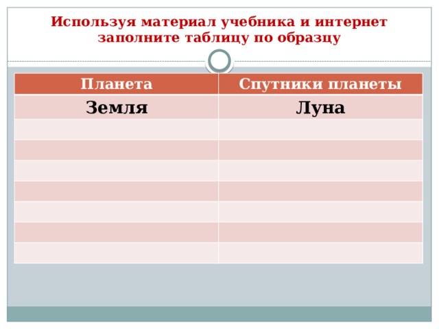 Используя материал учебника и интернет заполните таблицу по образцу Планета Спутники планеты Земля Луна 