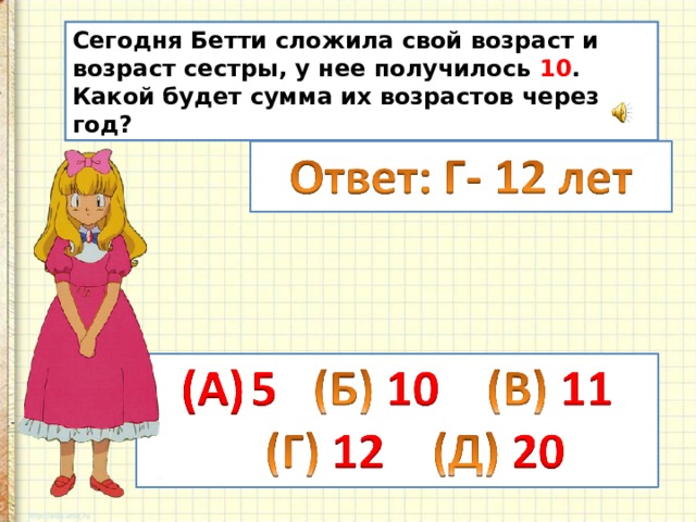 Возраст сестер. Сегодня Бетти сложила свой Возраст и Возраст сестры. Сегодня сложи свой Возраст. Сегодня Оля сложила свой Возраст и Возраст сестры у нее получилось 10. Сложить года и получим свой Возраст.