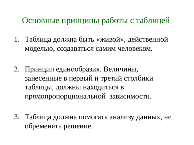 Основные принципы работы с таблицей Таблица должна быть «живой», действенной моделью, создаваться самим человеком. Принцип единообразия. Величины, занесенные в первый и третий столбики таблицы, должны находиться в прямопропорциональной зависимости. Таблица должна помогать анализу данных, не обременять решение. 