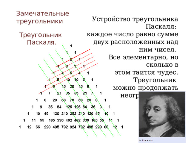 Замечательные треугольники Устройство треугольника Паскаля: каждое число равно сумме двух расположенных над ним чисел. Все элементарно, но сколько в  этом таится чудес. Треугольник можно продолжать  неограниченно . Треугольник Паскаля. 