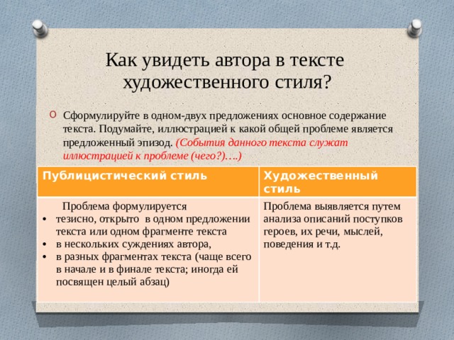 Как увидеть автора в тексте художественного стиля? Cформулируйте в одном-двух предложениях основное содержание текста. Подумайте, иллюстрацией к какой общей проблеме является предложенный эпизод. (События данного текста служат иллюстрацией к проблеме (чего?)….) Публицистический стиль  Проблема формулируется Художественный стиль тезисно, открыто в одном предложении текста или одном фрагменте текста в нескольких суждениях автора, в разных фрагментах текста (чаще всего в начале и в финале текста; иногда ей посвящен целый абзац) Проблема выявляется путем анализа описаний поступков героев, их речи, мыслей, поведения и т.д. 