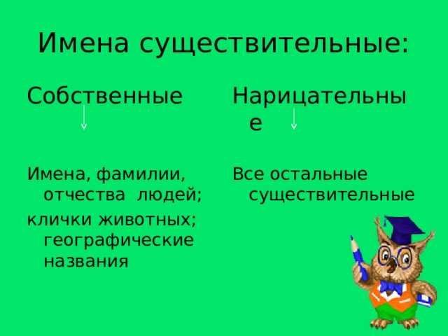 Имена существительные: Собственные  Нарицательные Имена, фамилии, отчества людей; Все остальные существительные клички животных; географические названия 