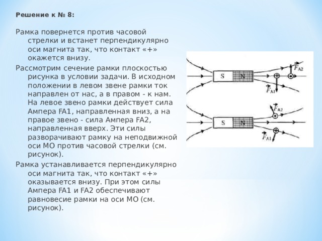 Решение к № 8: Рамка повернется против часовой стрелки и встанет перпендикулярно оси магнита так, что контакт «+» окажется внизу. Рассмотрим сечение рамки плоскостью рисунка в условии задачи. В исходном положении в левом звене рамки ток направлен от нас, а в правом - к нам. На левое звено рамки действует сила Ампера FA1, направленная вниз, а на правое звено - сила Ампера FA2, направленная вверх. Эти силы разворачивают рамку на неподвижной оси МО против часовой стрелки (см. рисунок). Рамка устанавливается перпендикулярно оси магнита так, что контакт «+» оказывается внизу. При этом силы Ампера FA1 и FA2 обеспечивают равновесие рамки на оси МО (см. рисунок). 