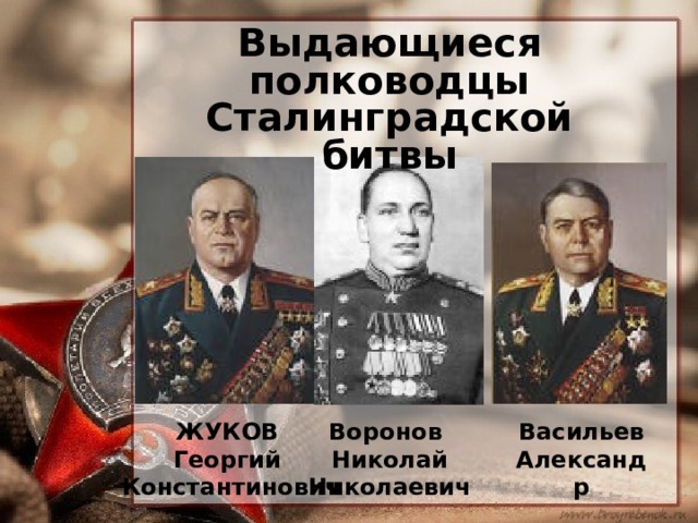 Выдающиеся полководцы Сталинградской битвы Воронов ЖУКОВ Васильев Николай Николаевич Георгий Александр Константинович  Макарович