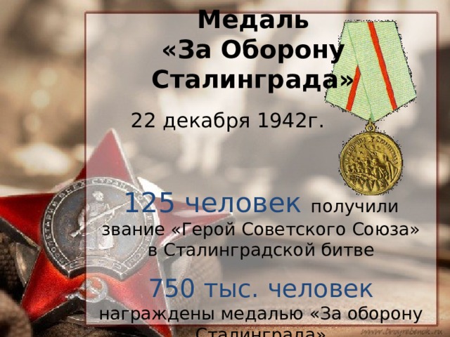 Медаль  «За Оборону Сталинграда» 22 декабря 1942г. 125 человек  получили звание «Герой Советского Союза» в Сталинградской битве 750 тыс. человек  награждены медалью «За оборону Сталинграда»