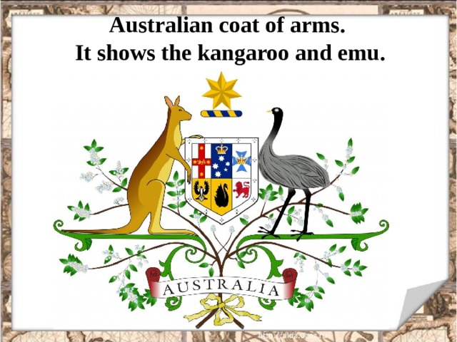 Australian с oat о f а rms .   It shows the kangaroo and emu.  