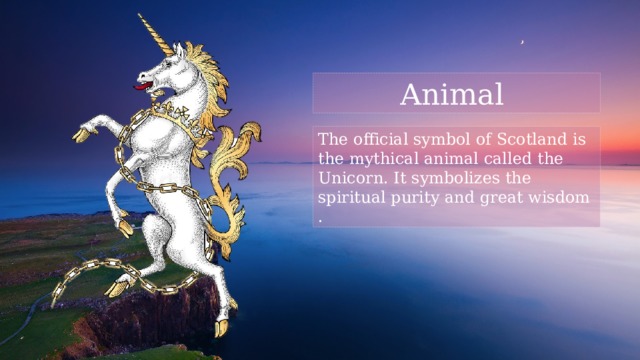 Animal The official symbol of Scotland is the mythical animal called the Unicorn. It symbolizes the spiritual purity and great wisdom . 