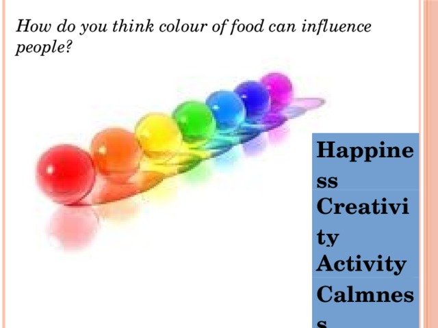 How do you think colour of food can influence people? Happiness Creativity Activity Calmness Brain Relax 