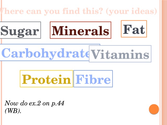 Where can you find this? (your ideas) Fat Sugar Minerals Carbohydrates Vitamins Protein Fibre Now do ex.2 on p.44 (WB). 