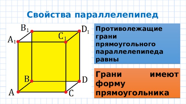 Свойства параллелепипед Противолежащие грани прямоугольного параллелепипеда равны Грани имеют форму прямоугольника 