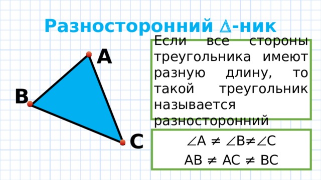 Разносторонний  -ник Если все стороны треугольника имеют разную длину, то такой треугольник называется разносторонний А В С  А ≠  B≠  C AB ≠ AC ≠ BC 