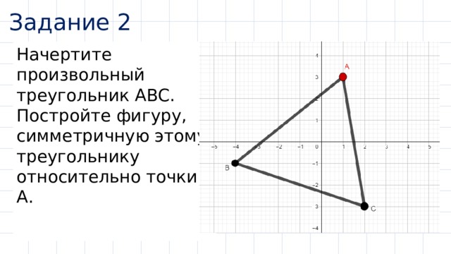 Задание 2 Начертите произвольный треугольник ABC. Постройте фигуру, симметричную этому треугольнику относительно точки А. 