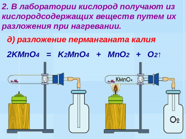 2. В лаборатории кислород получают из кислородсодержащих веществ путем их разложения при нагревании. д) разложение перманганата калия 2KMnO 4 = K 2 MnO 4 + MnO 2 + O 2 ↑ 
