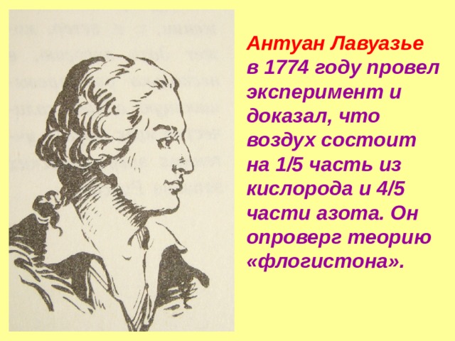Антуан Лавуазье в 1774 году провел эксперимент и доказал, что воздух состоит на 1/5 часть из кислорода и 4/5 части азота. Он опроверг теорию «флогистона». 