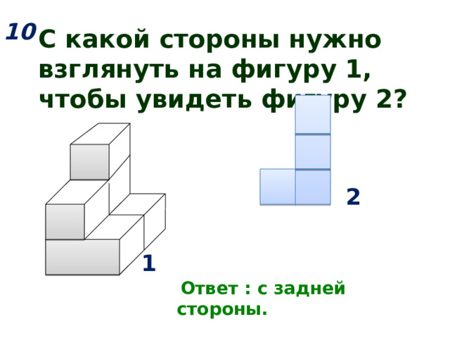 10 С какой стороны нужно взглянуть на фигуру 1, чтобы увидеть фигуру 2? 2  Ответ : с задней стороны. 1 