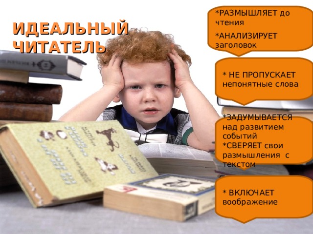 *РАЗМЫШЛЯЕТ до чтения *АНАЛИЗИРУЕТ заголовок ИДЕАЛЬНЫЙ ЧИТАТЕЛЬ * НЕ ПРОПУСКАЕТ непонятные слова *ЗАДУМЫВАЕТСЯ над развитием событий *СВЕРЯЕТ свои размышления с текстом * ВКЛЮЧАЕТ воображение 