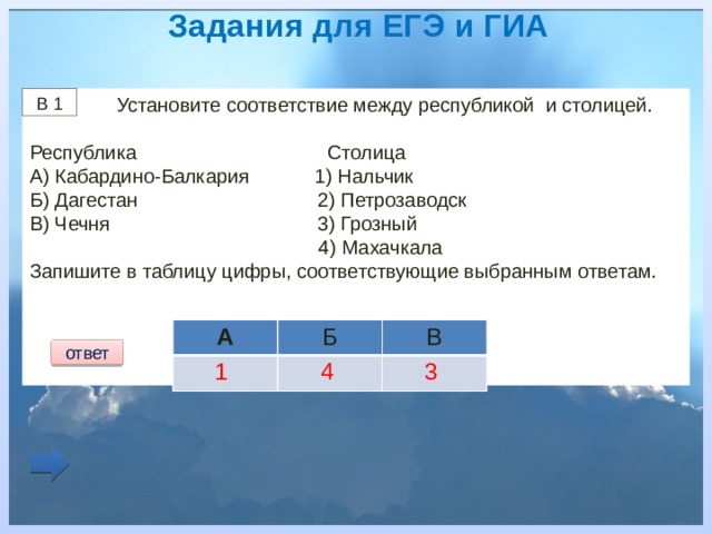 Задания для ЕГЭ и ГИА  Установите соответствие между республикой и столицей. В 1 Республика Столица А) Кабардино-Балкария 1) Нальчик Б) Дагестан 2) Петрозаводск В) Чечня 3) Грозный  4) Махачкала Запишите в таблицу цифры, соответствующие выбранным ответам. А Б В ответ 1 4 3 