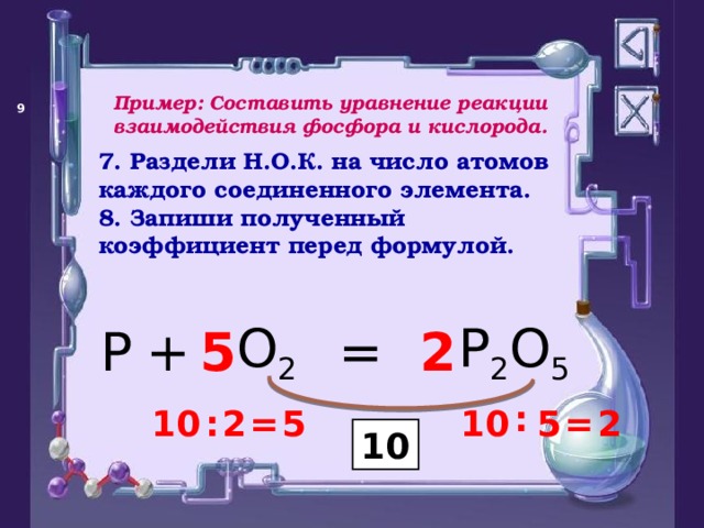 Пример: Составить уравнение реакции взаимодействия фосфора и кислорода.   7. Раздели Н.О.К. на число атомов каждого соединенного элемента. 8. Запиши полученный коэффициент перед формулой. + P 2 O 5 O 2 P = 5 2 : : 2 = 5 10 = 5 10 2 10 