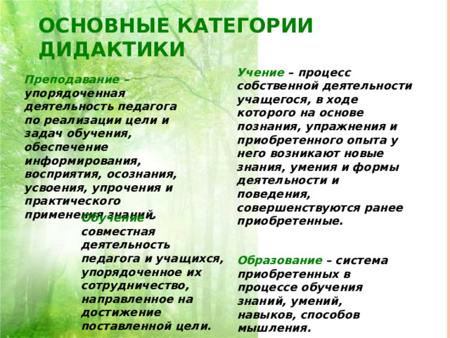 ОСНОВНЫЕ КАТЕГОРИИ ДИДАКТИКИ Учение – процесс собственной деятельности учащегося, в ходе которого на основе познания, упражнения и приобретенного опыта у него возникают новые знания, умения и формы деятельности и поведения, совершенствуются ранее приобретенные. Преподавание – упорядоченная деятельность педагога по реализации цели и задач обучения, обеспечение информирования, восприятия, осознания, усвоения, упрочения и практического применения знаний. Обучение – совместная деятельность педагога и учащихся, упорядоченное их сотрудничество, направленное на достижение поставленной цели. Образование – система приобретенных в процессе обучения знаний, умений, навыков, способов мышления. 