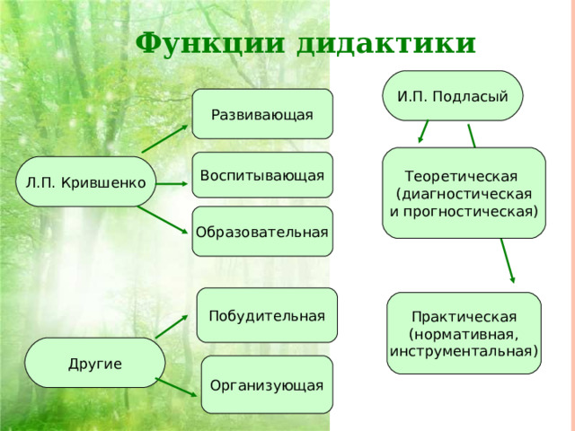 Функции дидактики И.П. Подласый Развивающая Теоретическая (диагностическая и прогностическая) Воспитывающая Л.П. Крившенко Образовательная Побудительная Практическая  (нормативная, инструментальная) Другие Организующая 