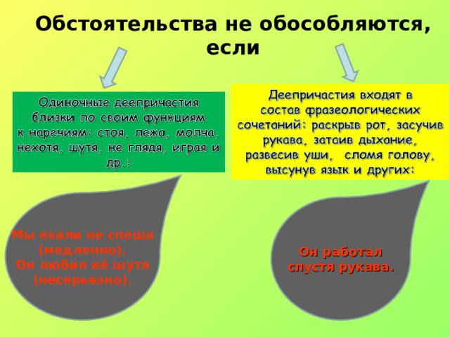 Обстоятельства не обособляются, если Мы ехали не спеша (медленно). Он любил её шутя (несерьезно). Он работал спустя рукава. 